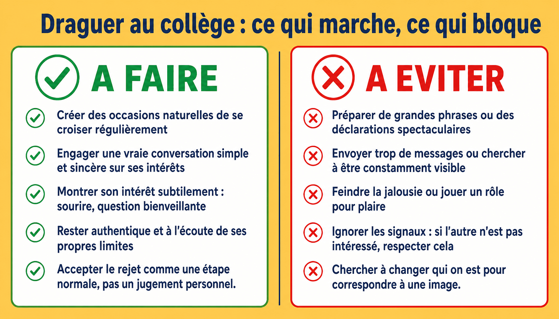 Infographie comment draguer un mec au collège : bonnes pratiques et pièges à éviter pour les ados