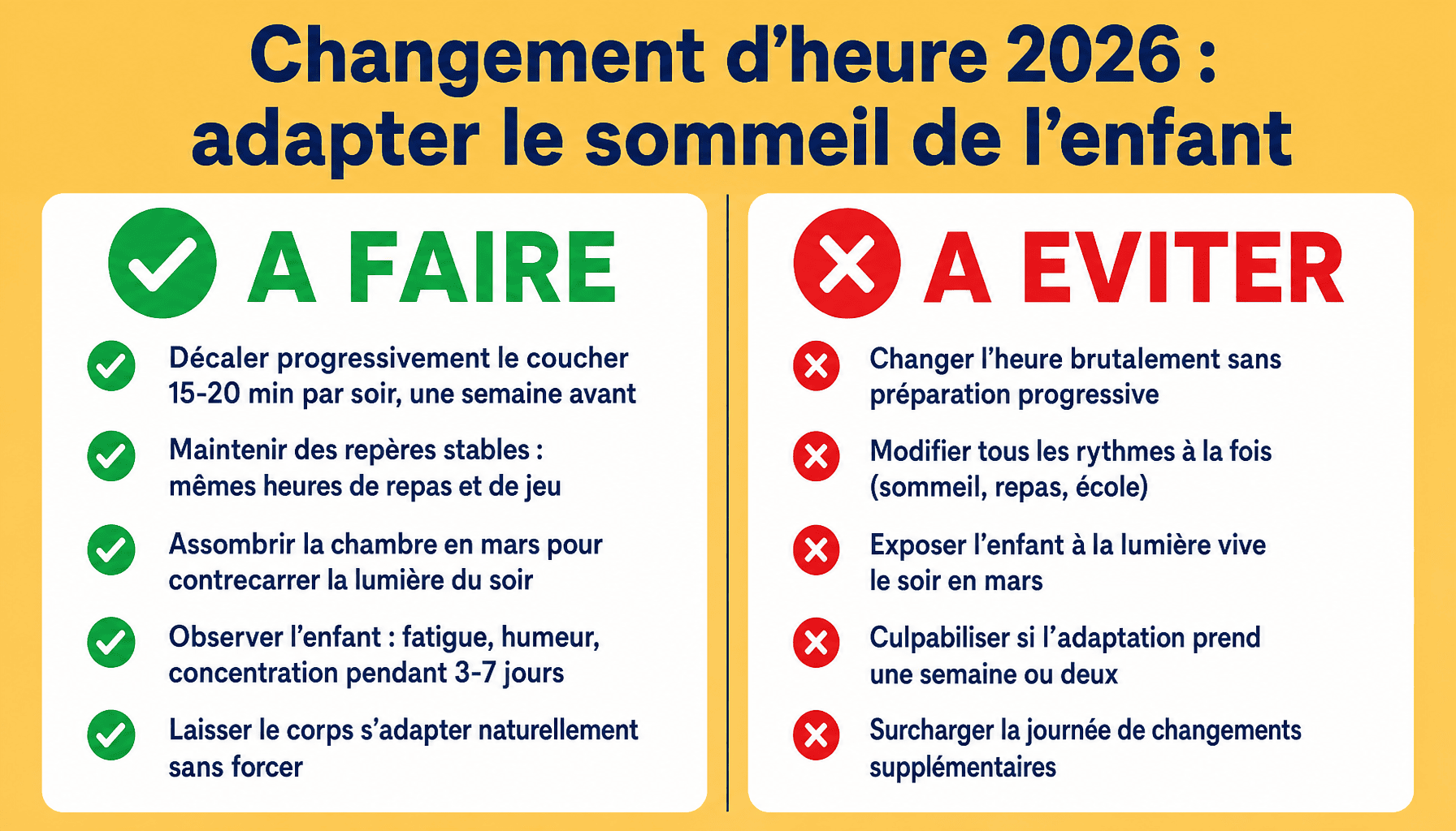 Infographie conseils changement d'heure 2026 : à faire et à éviter pour le sommeil des enfants