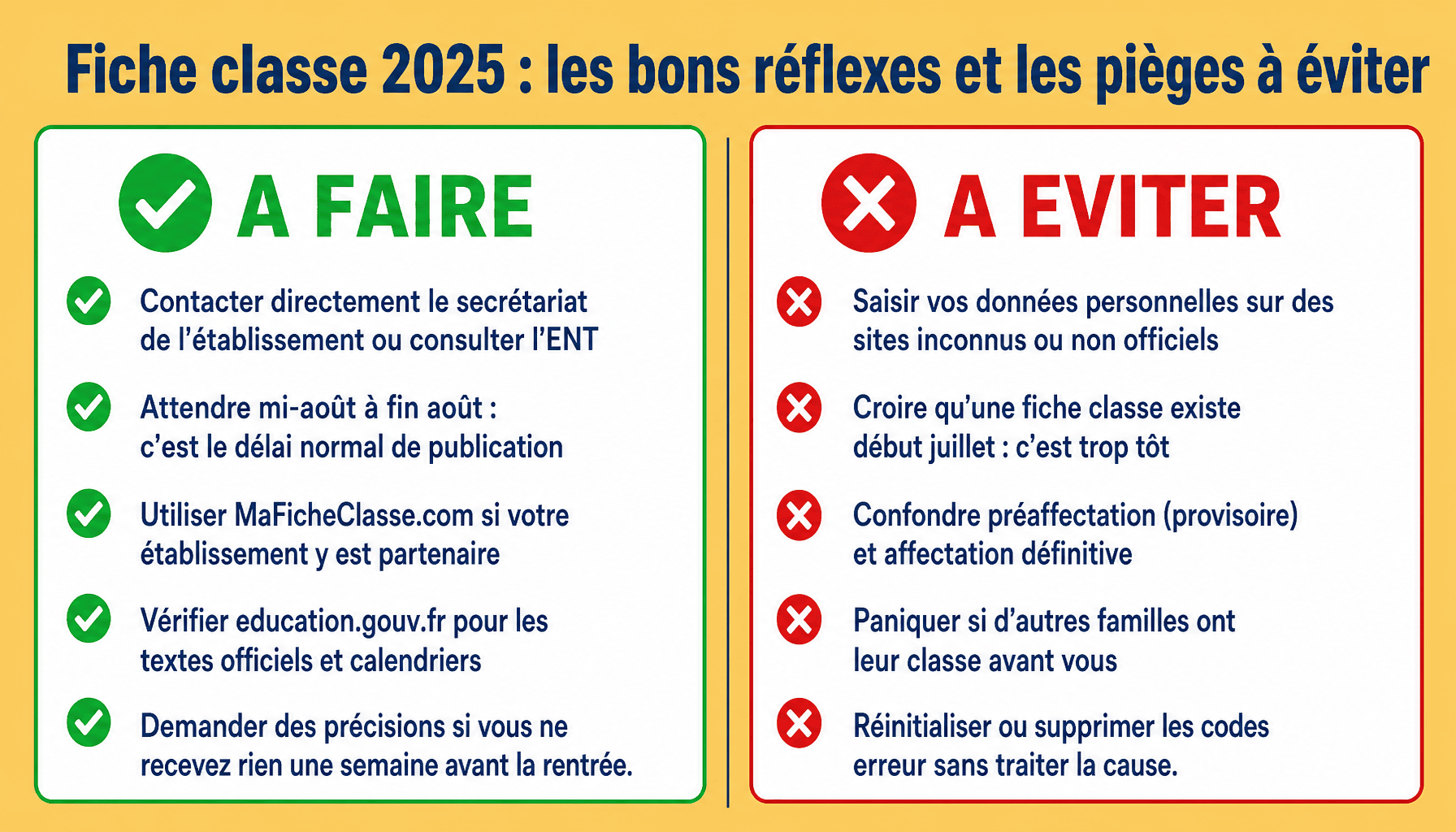 Infographie fiche classe 2025.fr : guide pratique des sources fiables et des erreurs à ne pas commettre pour connaître sa classe avant la rentrée