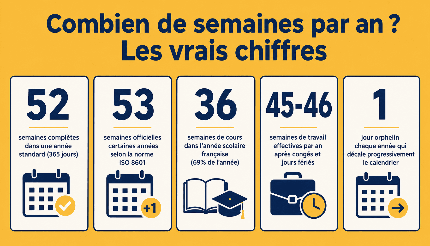 Infographie : combien de semaine par an - 52 semaines, 365 jours, 36 semaines école, 45 semaines travail
