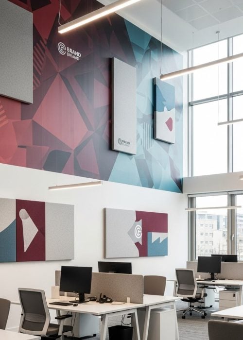 Moderne Bürogestaltung mit Wandfolierung und Akustikpaneelen im Corporate Design