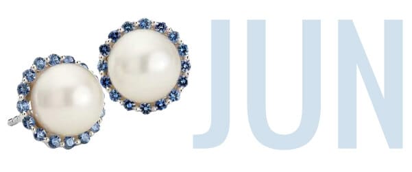 June's birthstone Pearl set in stylish earrings with 'Jun' in the background