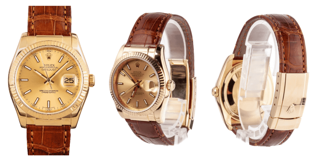 Yellow gold and red leather dress watch by Rolex