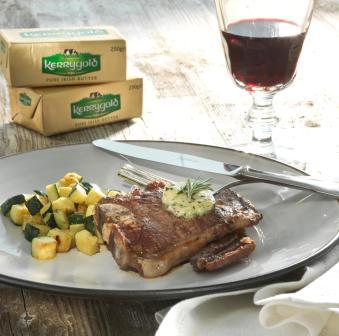 Grilled spring lamb cutlets with anchovy, olive and caper butter served with buttered courgettes