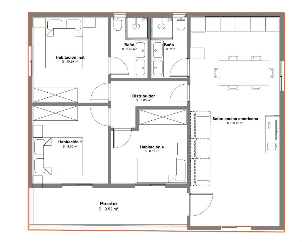plano distribución casa modular de 89 m²