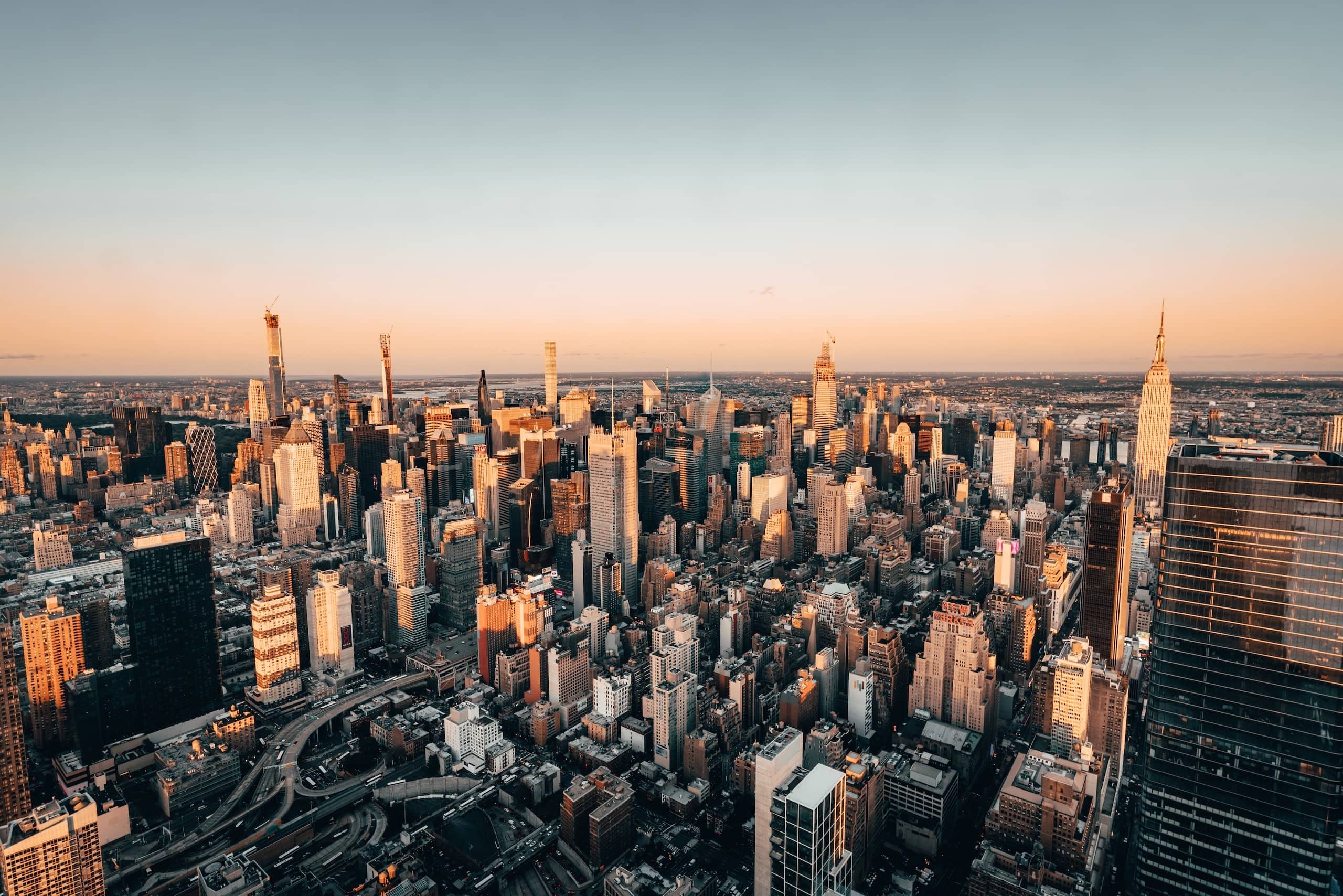 An aerial view of New York city from the east view of The Edge at sunset