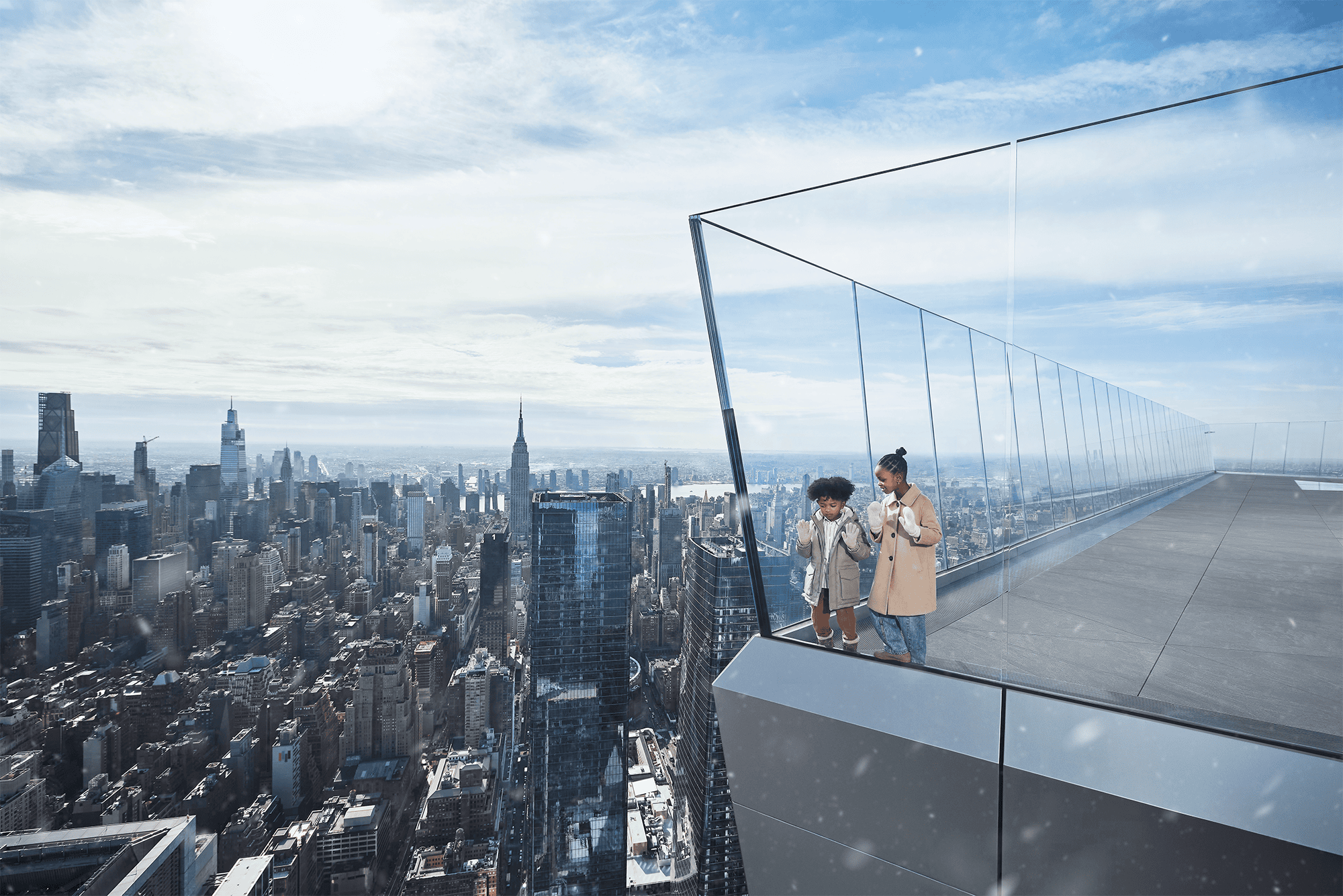 Kids looking out over the Edge Observation Deck in Hudson Yards, NYC.