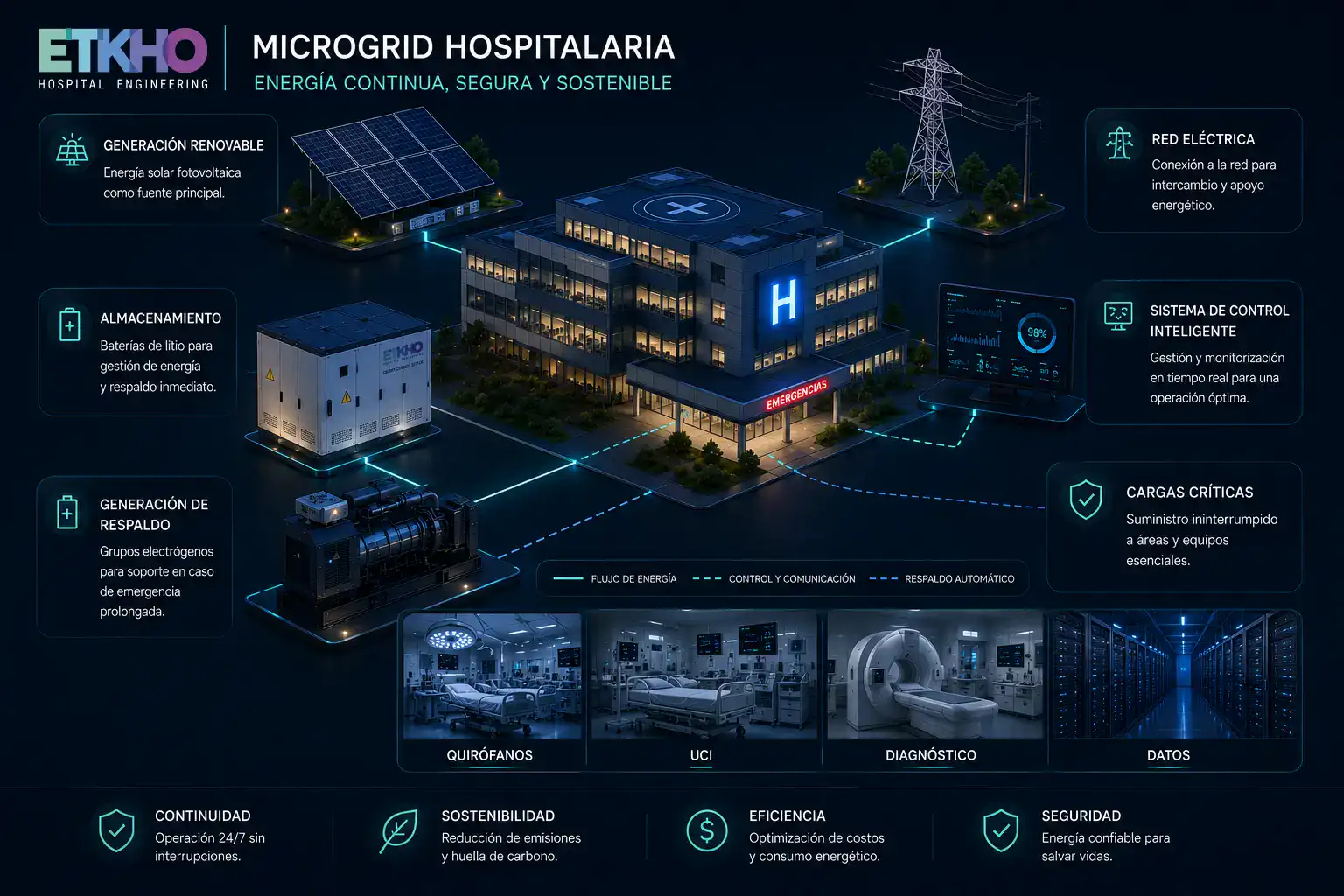 Esquema de microgrid hospitalaria para hospitales críticos infografía sobre microgrids hospitalarias y continuidad energética