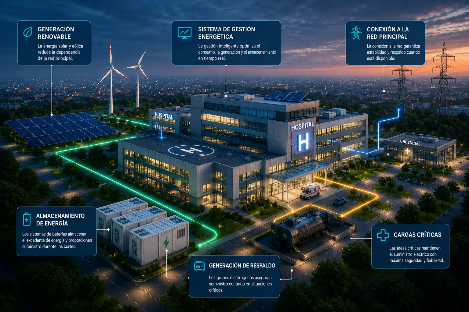 Sistema eléctrico hospitalario integrado en una microgrid microgrid hospitalaria con sistemas eléctricos ETKHO y almacenamiento energético