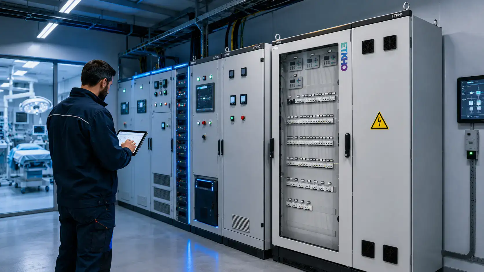 Infraestructura eléctrica hospitalaria con cuadro ETKHO y protecciones coordinadas sala técnica hospitalaria con cuadro ETKHO, SAI y protecciones eléctricas coordinadas