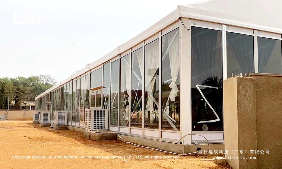 Side angle of commercial event marquee installed at hotel property