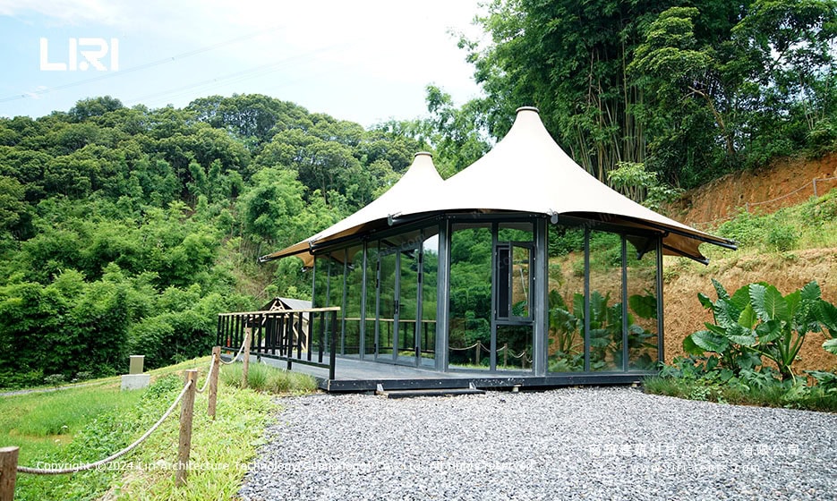 glass facade tension tent front exterior view