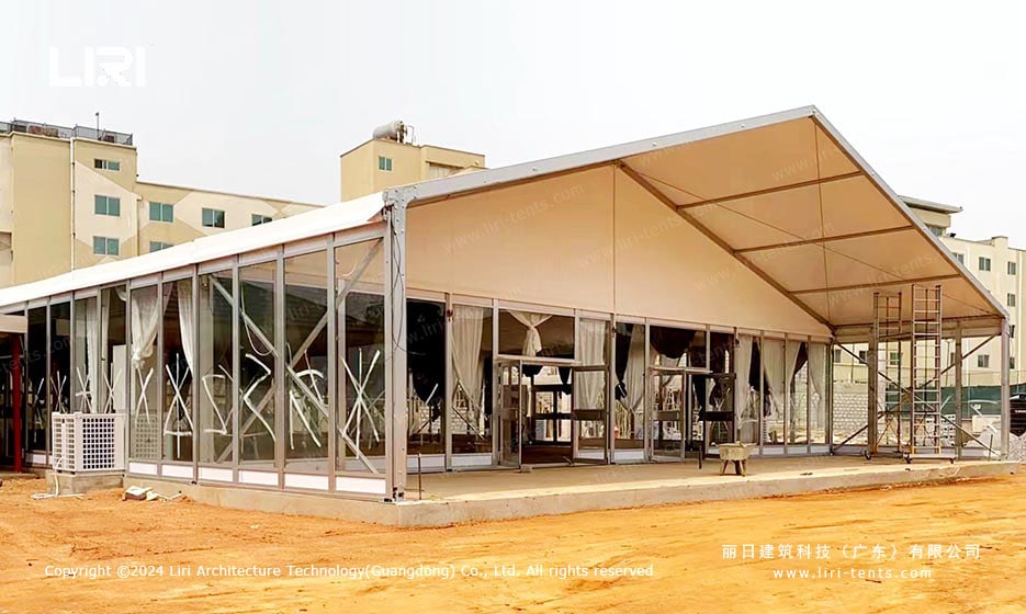Glass wall event tent gable front view at Alisa Hotel Ghana