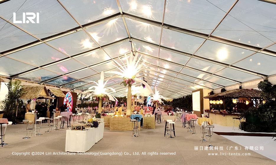Transparent roof gala setup inside clear span event tent