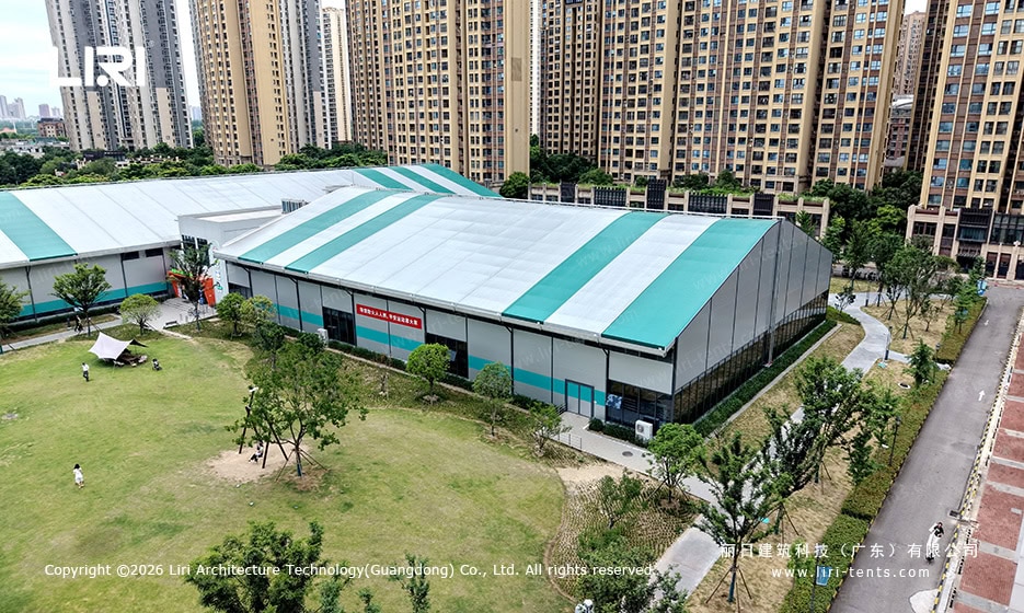 Indoor basketball court with LED lighting inside the clear span tent
