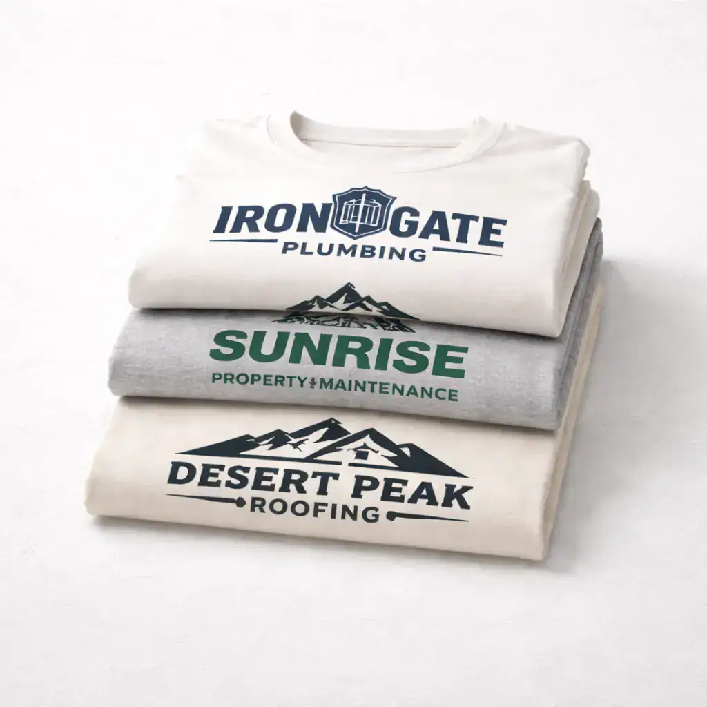 Light-colored custom T-shirts with dark ink screen printed business logos