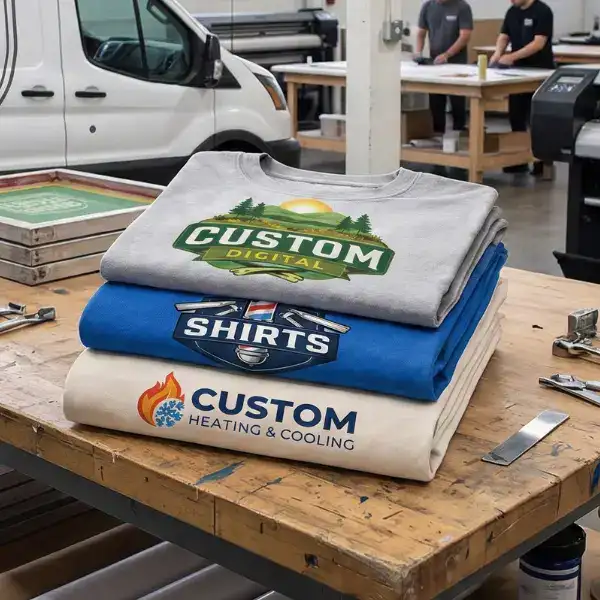 Stack of custom printed sweatshirts in print shop