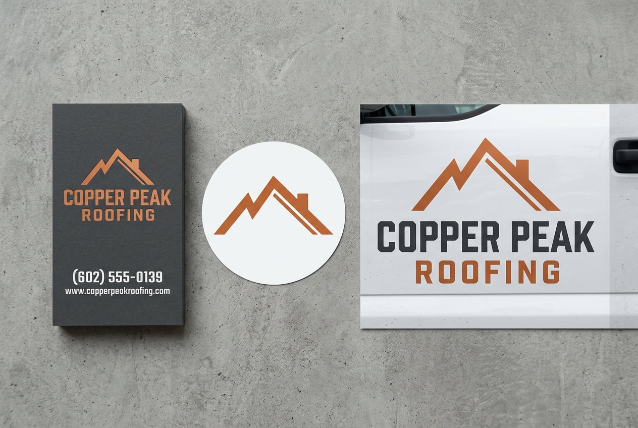 Logo design mockup showing Copper Peak Roofing on business card sticker and vehicle door graphic