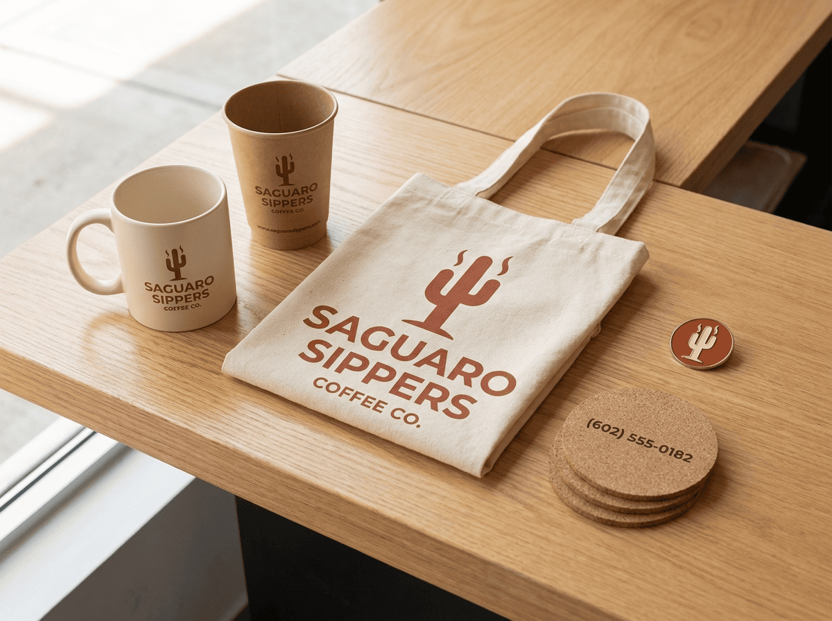 Custom promotional products mockup with branded mug tote bag paper cup pin and coasters