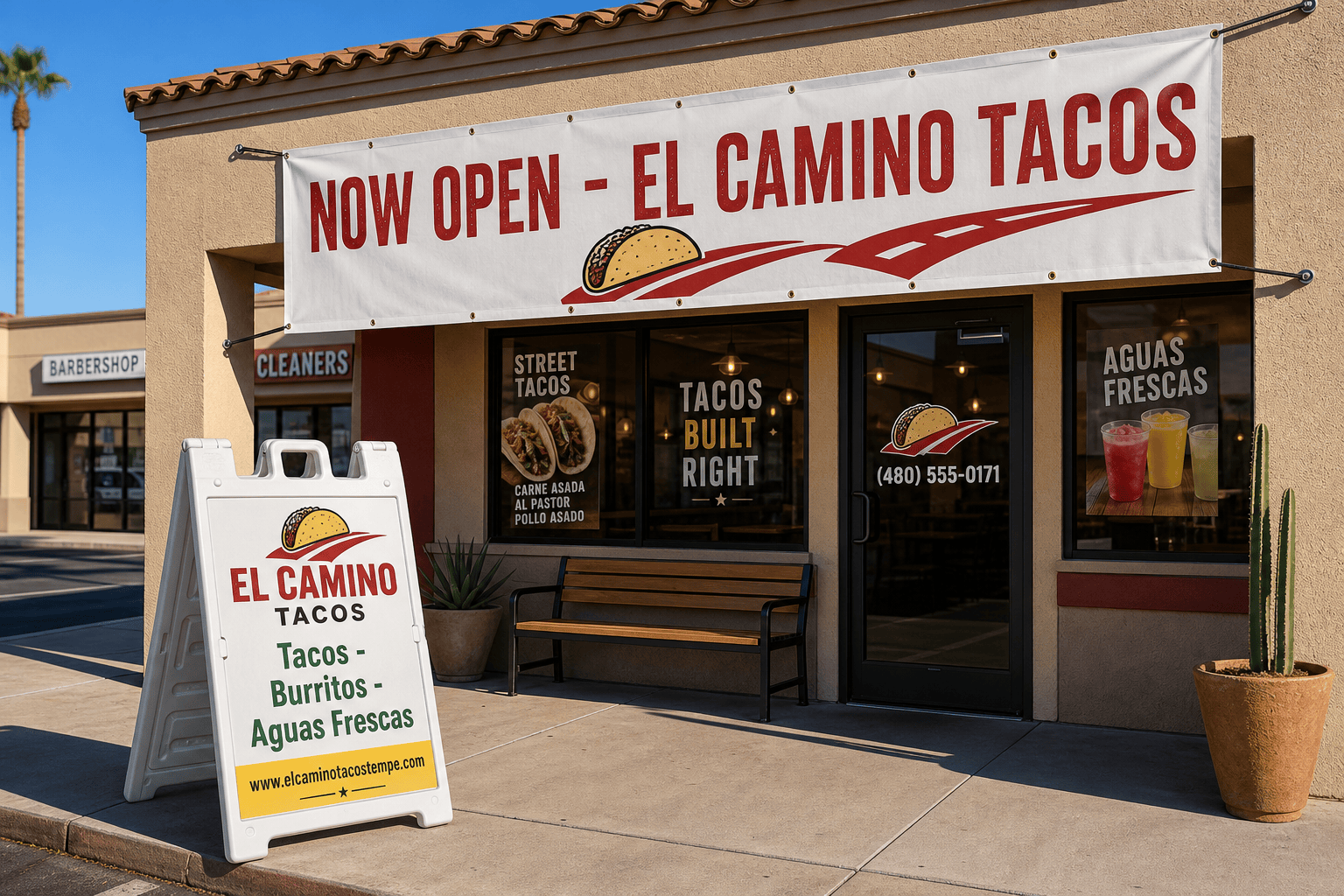 Custom banner with molded plastic A-frame sign and window decal for El Camino Tacos storefront in Tempe Arizona