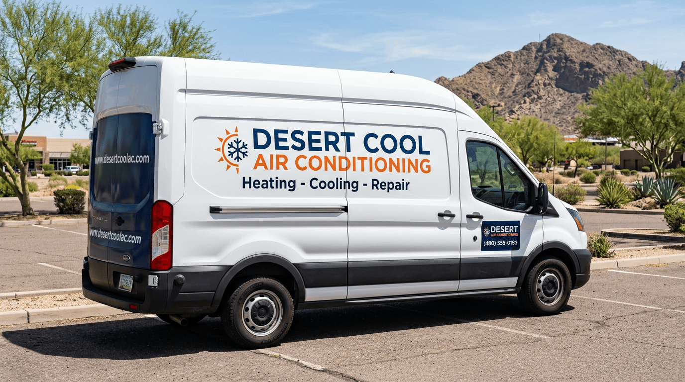 White work van with flat-panel vinyl lettering and door sign for Desert Cool Air Conditioning