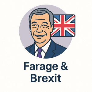 Nigel Farage smiling with Union Jack flag in background, labeled Farage & Brexit in flat muted style