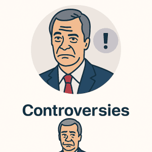 Flat-style illustration of Nigel Farage with frown and exclamation mark beside him, labeled Controversies