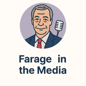 Flat-style illustration of Nigel Farage with retro microphone, labeled Farage in the Media