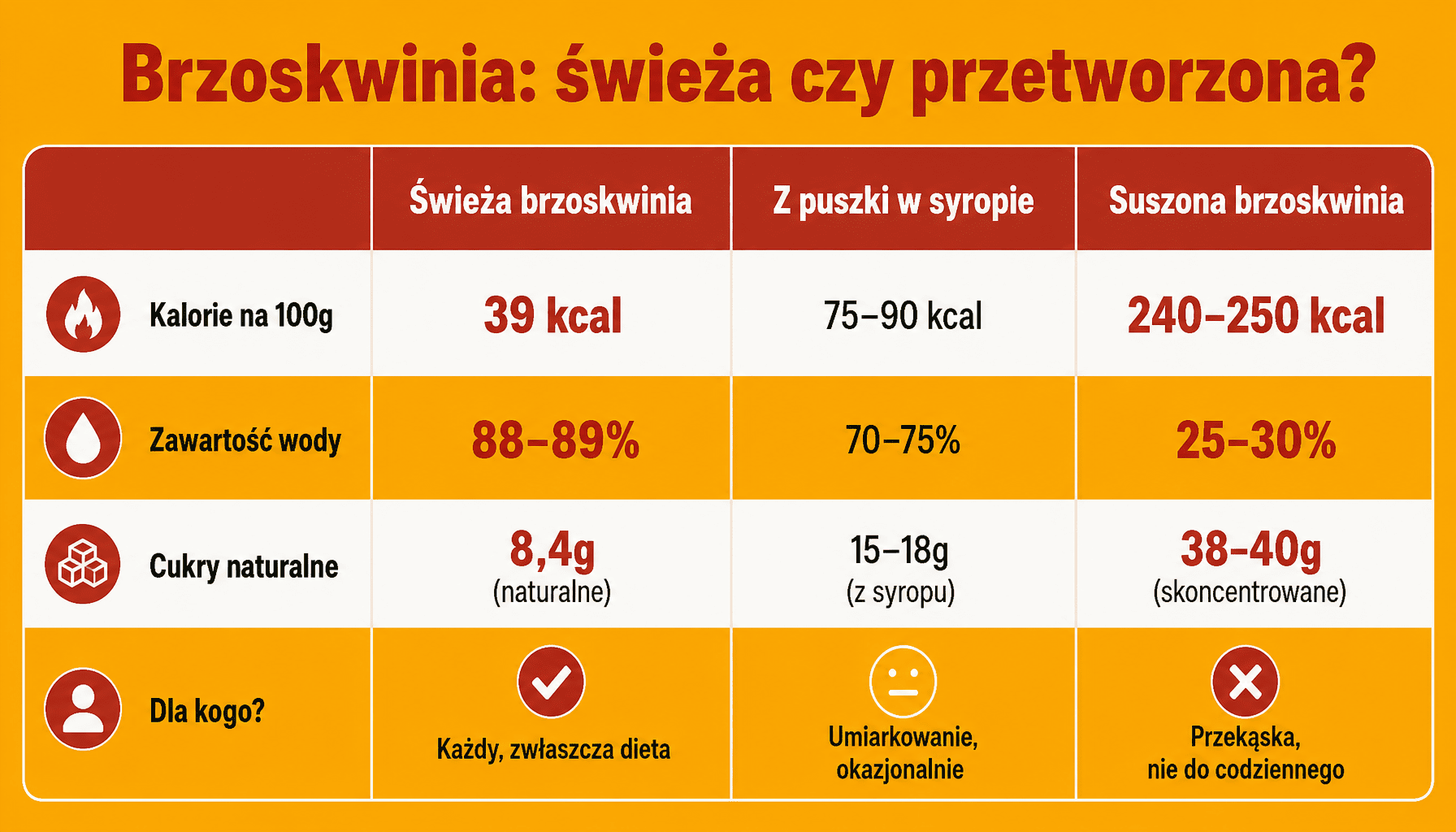 Ile kalorii ma brzoskwinia - porównanie wartości odżywczych świeżej, z puszki i suszonej