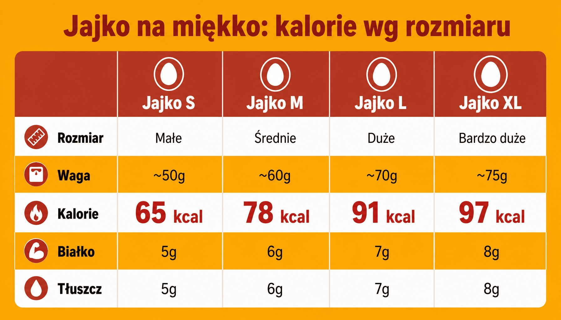 Ile kalorii ma jajko na miękko - porównanie kaloryczności jajek rozmiarów S, M, L, XL z wartościami odżywczymi