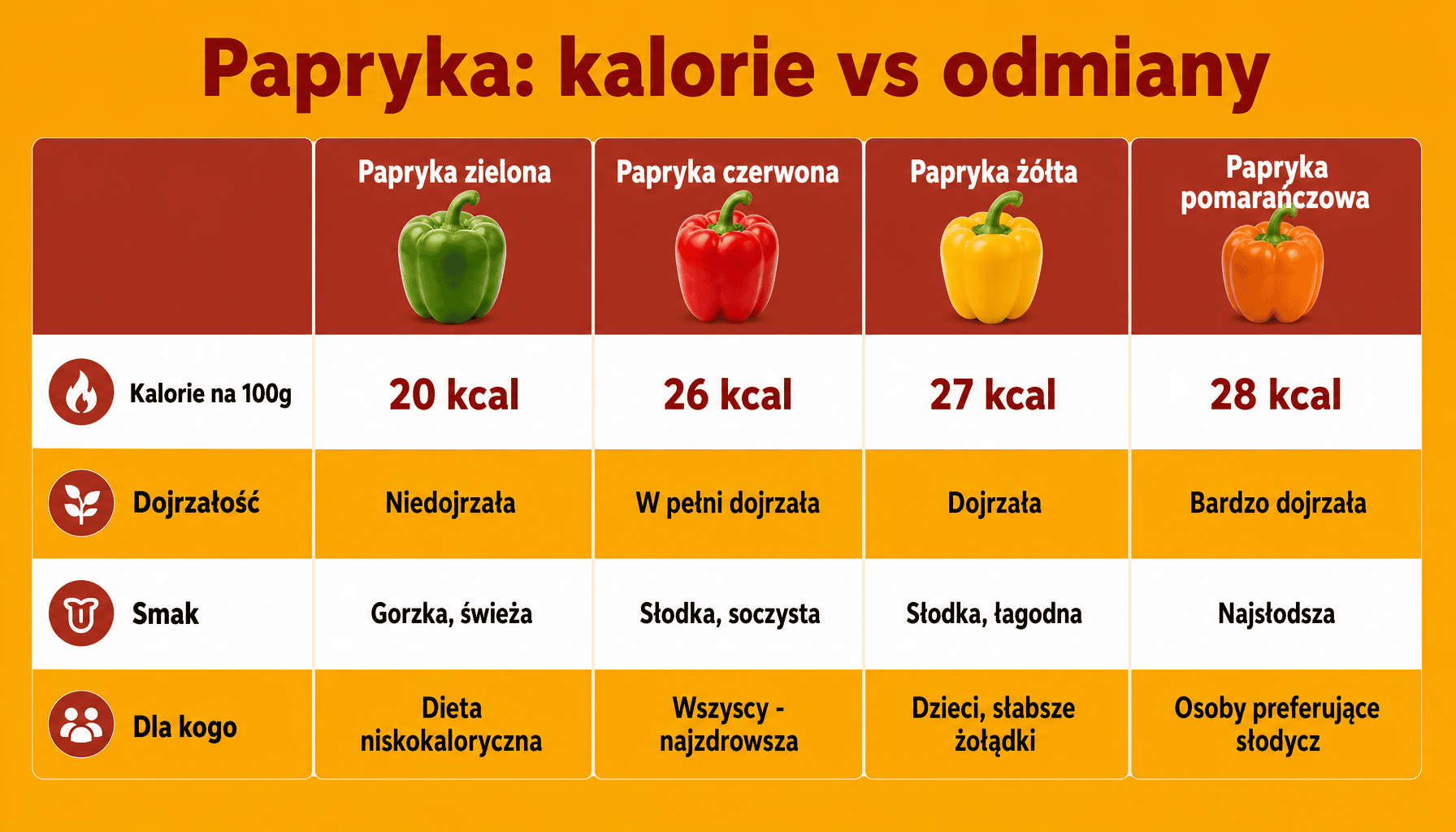 Ile kalorii ma papryka czerwona - porównanie odmian papryki: zielona, czerwona, żółta, pomarańczowa
