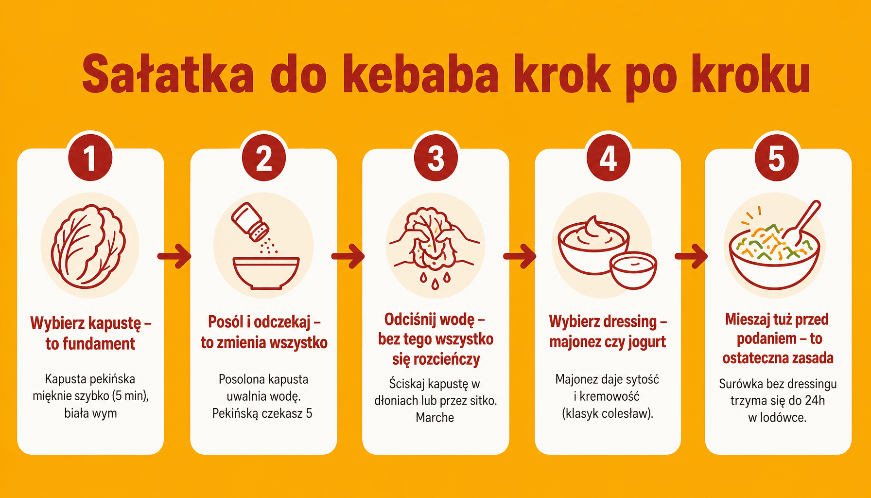 5 kroków przygotowania sałatki do kebaba: wybór kapusty, solenie, przygotowanie składników, wybór dressingu, ostateczne mieszanie