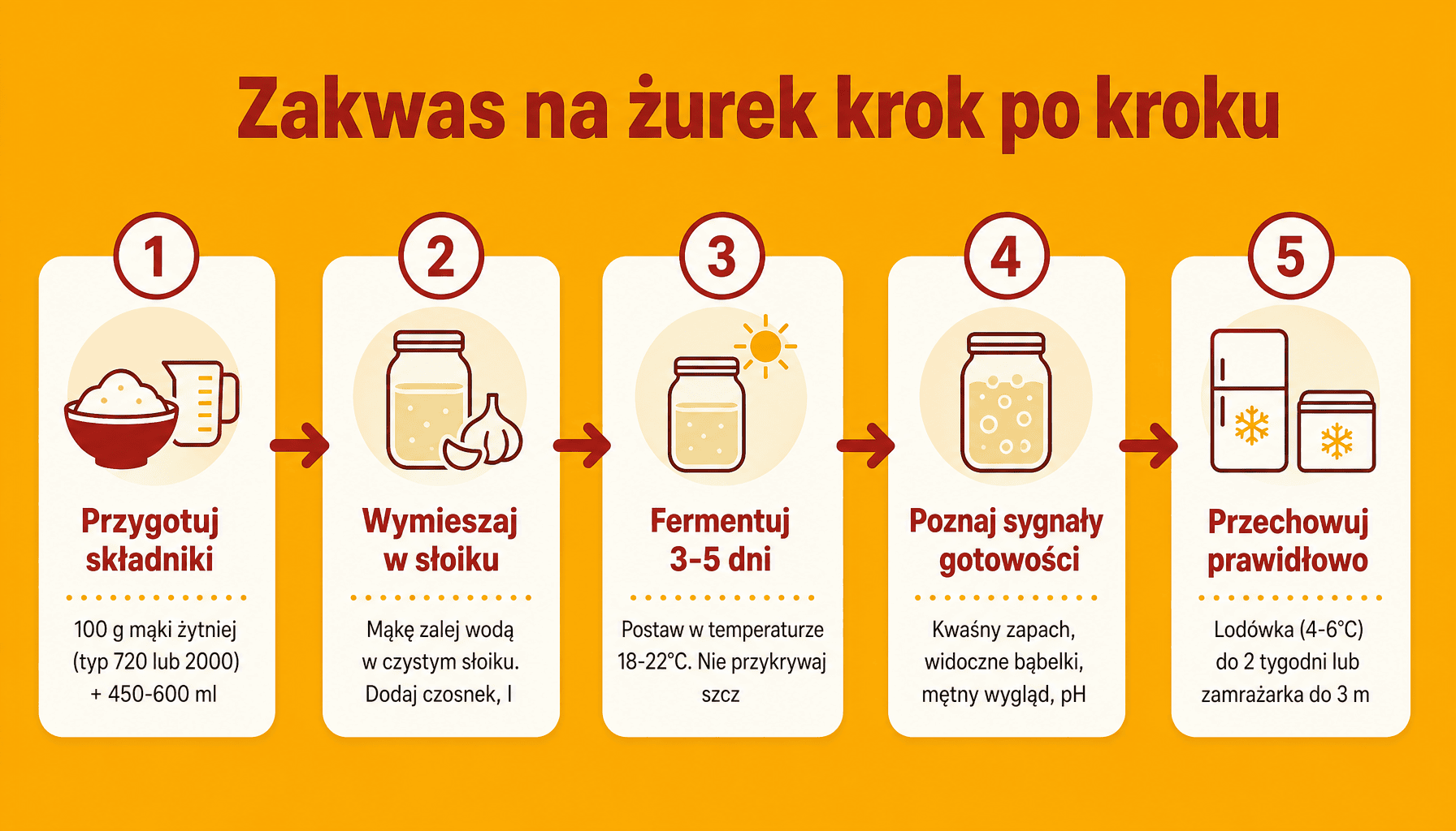 Infografika: 5 kroków do przygotowania dobry zakwas na żurek w domu, proces fermentacji mąki żytniej