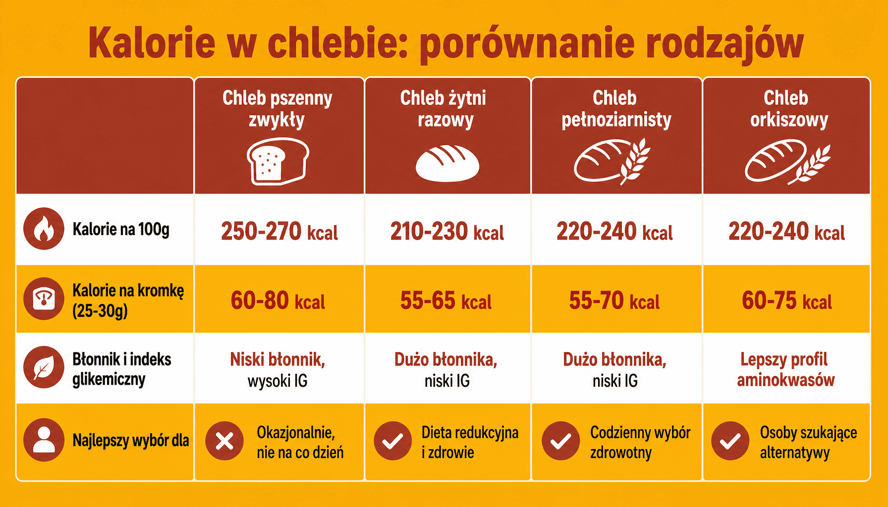 Ile kalorii ma kromka chleba - porównanie pszennego, żytnego, pełnoziarnistego i orkiszowego