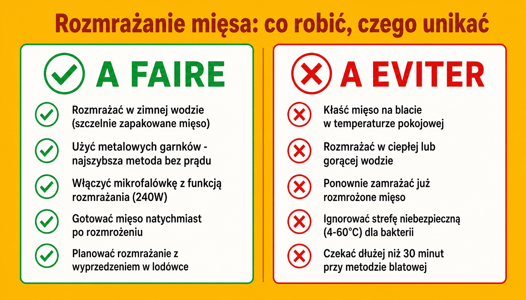 Infografika jak szybko rozmrozić mięso - metody bezpieczne i niebezpieczne