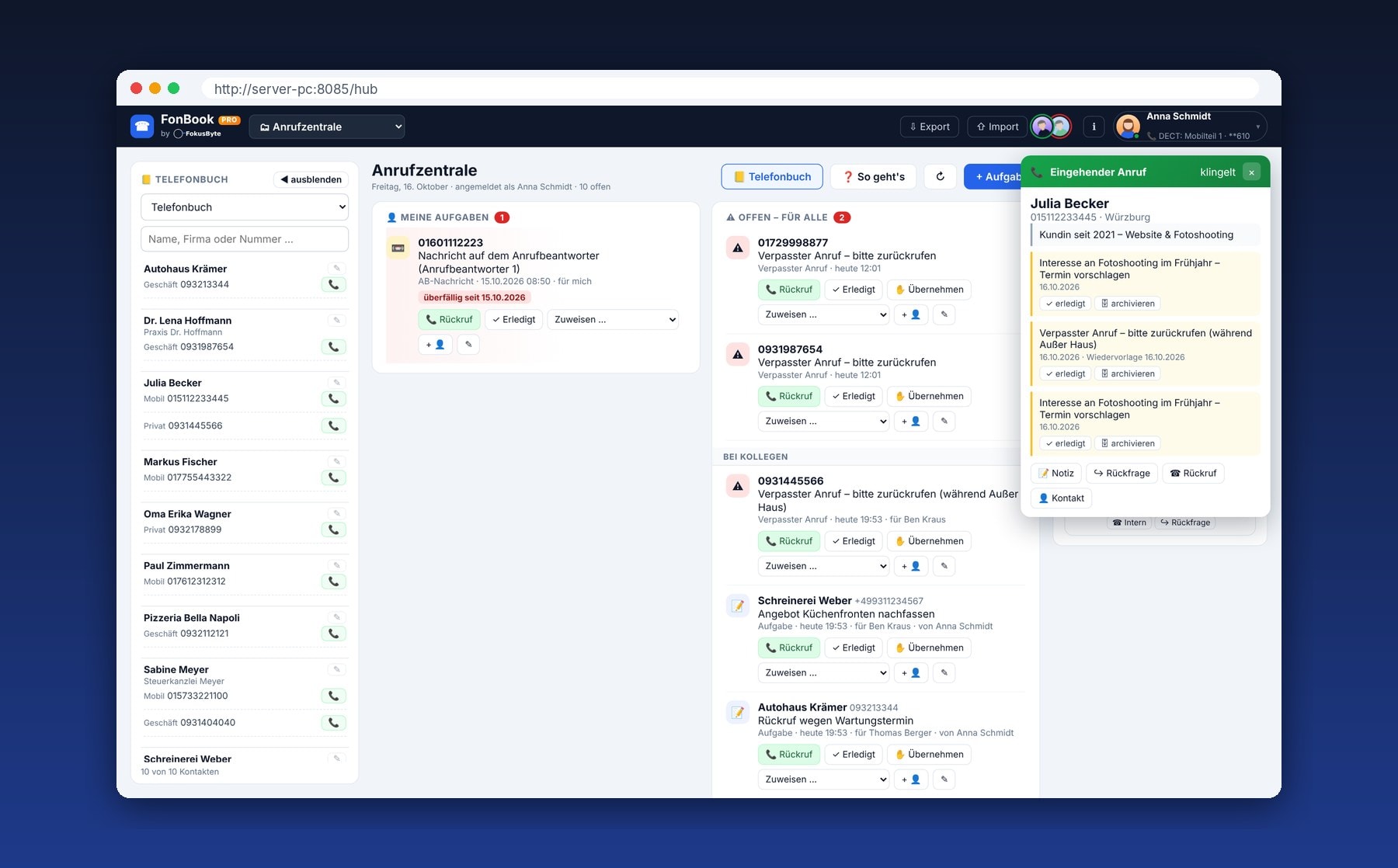 FonBook Pro Live-Anrufanzeige mit Kontakt und Notizen