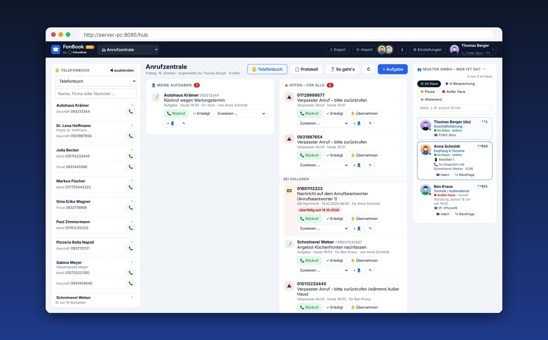 FonBook Pro Anrufzentrale: Telefonbuch, Rückruf-Aufgaben und Team mit Profilbildern, Status und laufendem Gespräch
