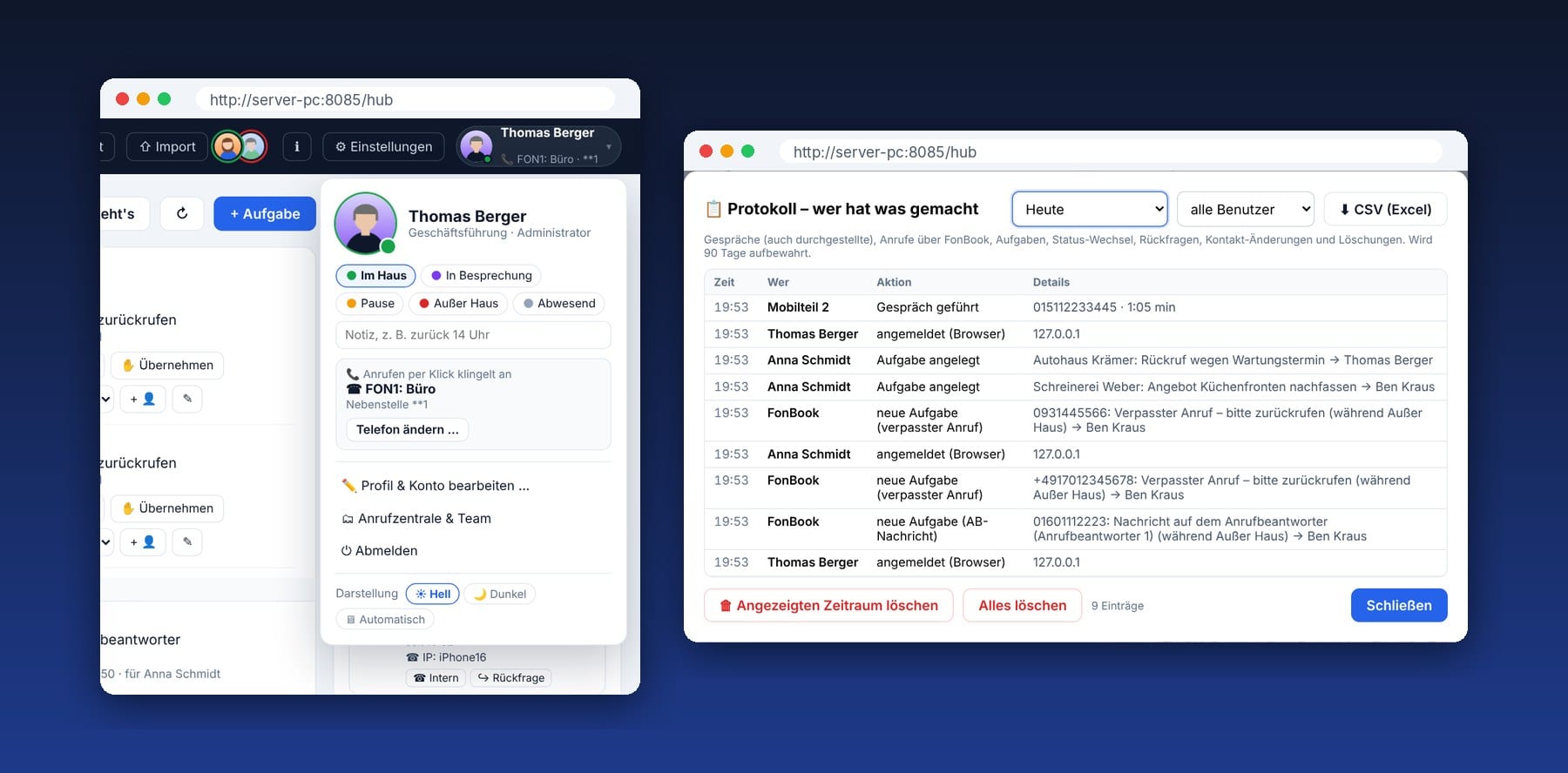 FonBook Pro Profil mit Status und Telefon sowie Protokoll für den Administrator