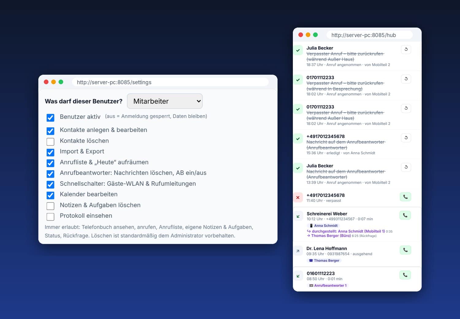 FonBook Pro Benutzerrechte und Liste Heute mit durchgestelltem Gespräch