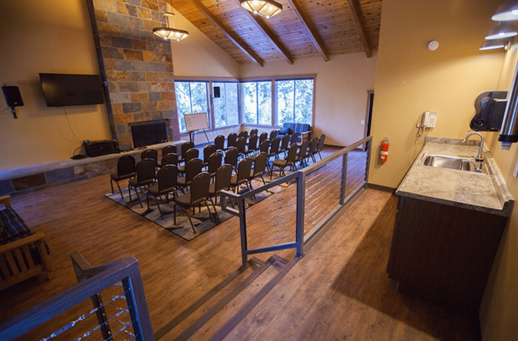 Inside view of Touchstone Lounge with chairs set up for a meeting