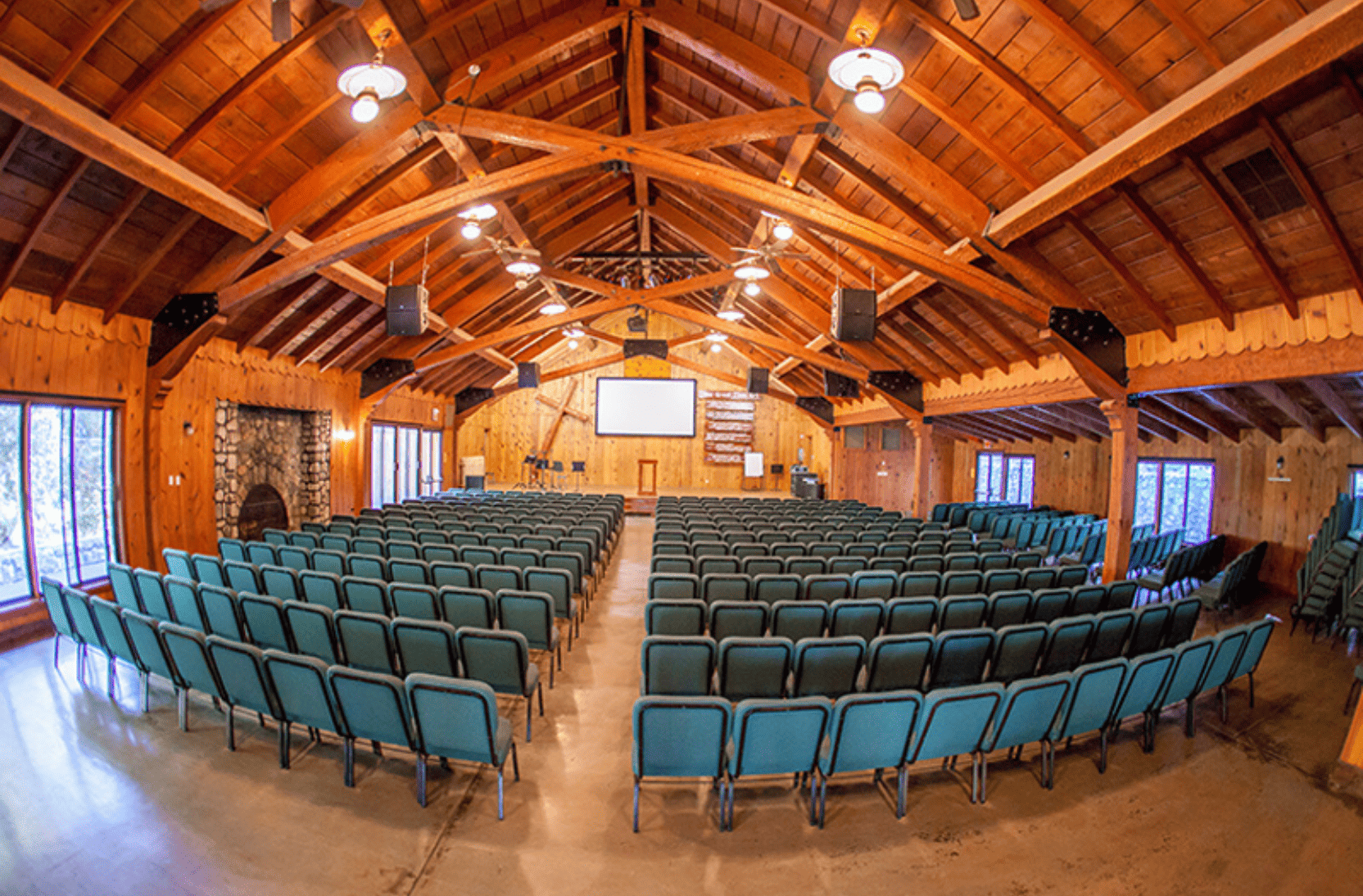 Inside Hormel Hall meeting space with chairs set up in lecture style