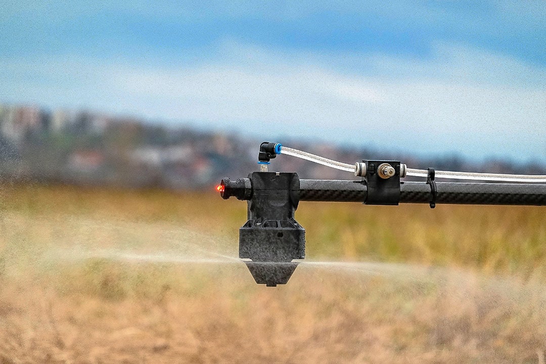 Drone Volt and XAG equip their application drones with rotary atomising nozzles. These will generally make finer droplets than standard hydraulic nozzles. - Photo: Drone Volt