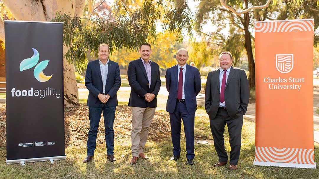 From left to right: Food Agility Chief Scientist Professor David Lamb, Food Agility CEO Mr Richard Norton, Charles Sturt University Interim Vice-Chancellor Professor John Germov and Charles Sturt University Chief Operating Officer Mr Rick Willmott. - Photo: CSU