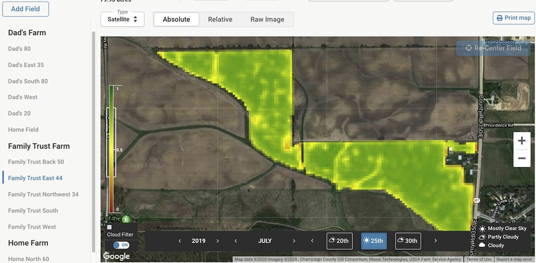 If a farmer creates a field boundary, he can then access field-level soil maps, terrain maps, weather data, and satellite imagery/crop health monitoring. - Image: Farmers Business Network