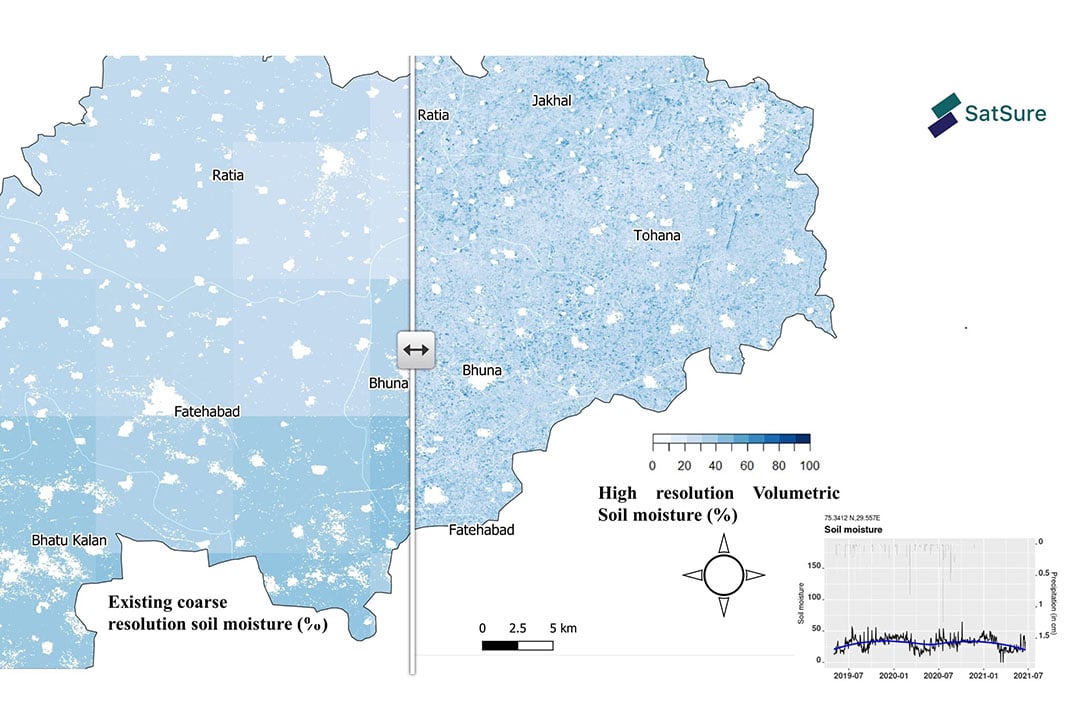 Farm-level soil moisture derived using satellites.  - Source: SatSure