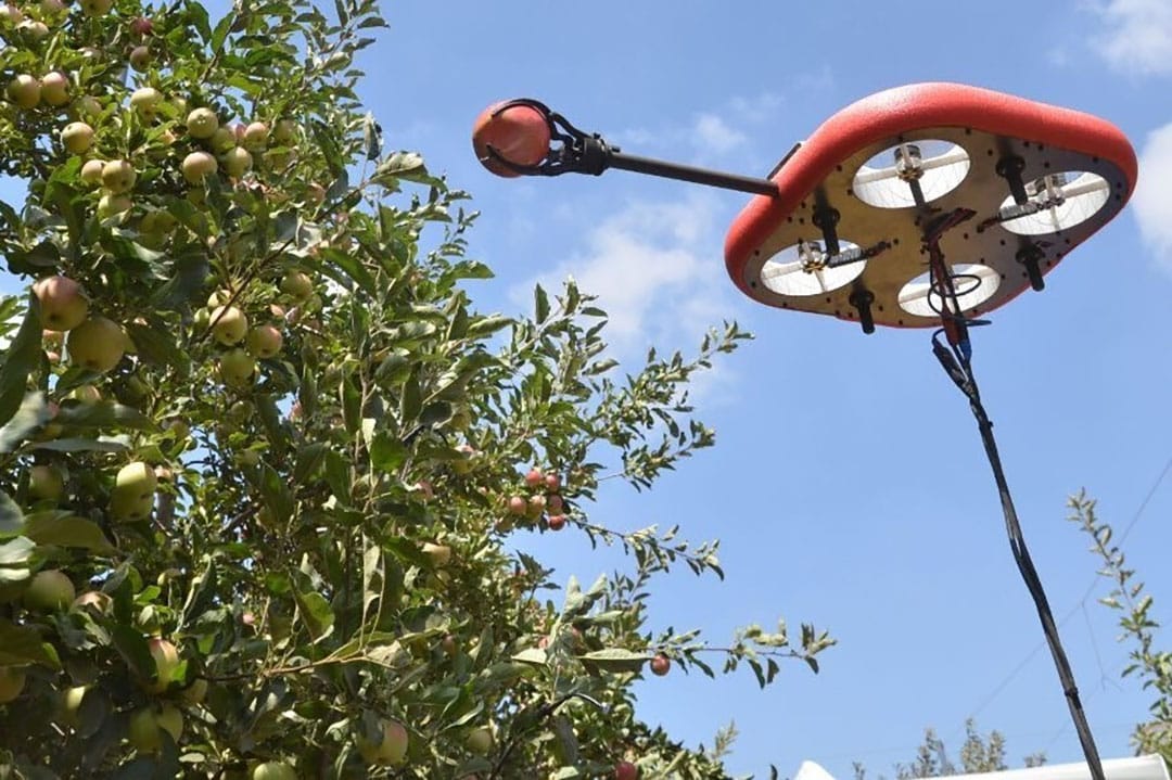 Tevel Aerobotics Technologies, founded in 2017 in Israel, is developing autonomous flying robots for fruit picking. It is combining AI with computer vision, advanced robotics, aeronautical engineering, state-of-the-art flight control, and data fusion and perception. - Photo: Kubota