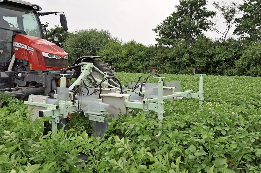 The first prototype in the front linkage. The best results seem to be achieved when the haulm is well connected within the rows, but still somewhat open between the rows. - Photo: Joris van der Kamp