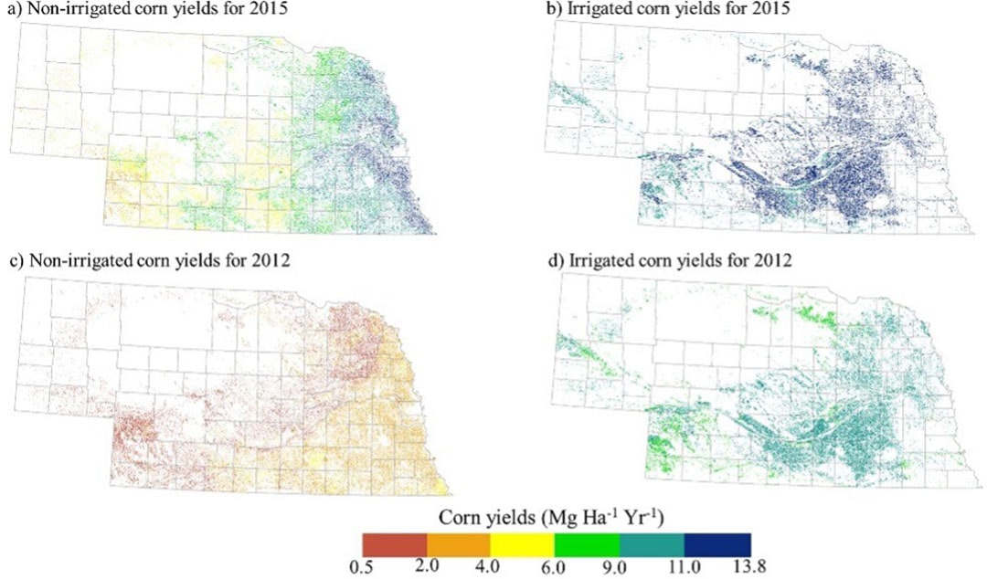 Nebraska estimated yields of corn in irrigated and non-irrigated areas in 2012 and 2015, lower yield areas begin in red and move through yellow to green and blue being higher yield. - Photo: NASA Harvest