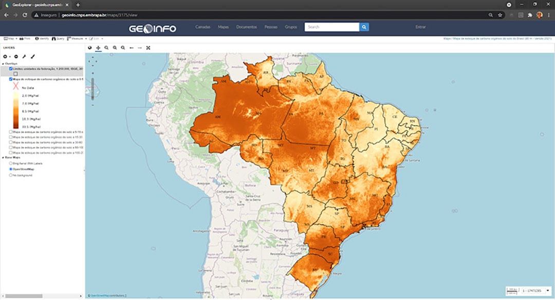 The updated map shows the largest carbon stocks in Brazilian subsoil are concentrated in the Southern region of the country and in the Amazon. - Source: GeoInfo