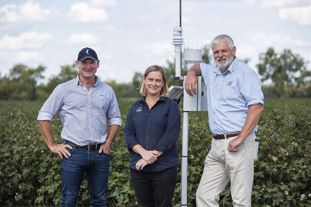 Chief Operating Officer Tom Dowling of Goanna Ag (left), Susan Maas, CRDC’s research and development manager, and Gordon Cumming, GRDC manager chemical regulation at the announcement of the AUS $5.5 million (US $4.07 million) investment to develop a spray drift hazardous weather warning system across Queensland and New South Wales. - Photo CRDC